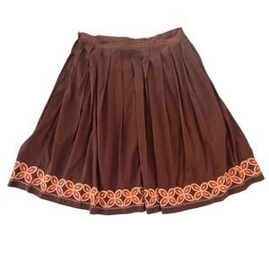 Tommy Bahama 100% Cotton Skirt 14 Brown Pleated Floral Embroidered Border Boho